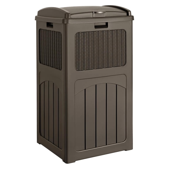 Outdoor Trash Can,33 Gallon,Waterproof Resin,Dual Lid,Patio & Backyard Use,Deep Brown