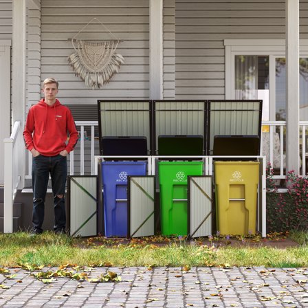 Outdoor Trash Can Storage Shed, 120 Cu.Ft Metal Garbage Bin Storage Shed with Lockable Doors, Waterproof Horizontal Storage Cabinet for 3 Trash Bins, Dark Grey