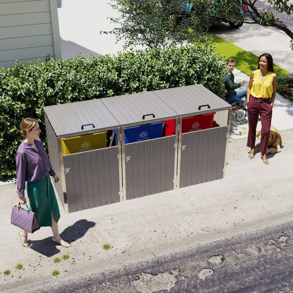Outdoor Trash Can Storage Shed, 120 Cu.Ft Metal Garbage Bin Storage Shed with Lockable Doors, Waterproof Horizontal Storage Cabinet for 3 Trash Bins, Light Gray