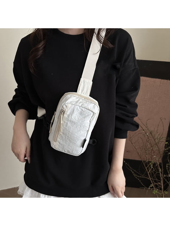 Outdoor Travel Chest Bag, TOUMENY Lightweight Polyester Sling Pack Crossbody, Adjustable Shoulder Strap Mini Phone Bag for Commute Hiking, White