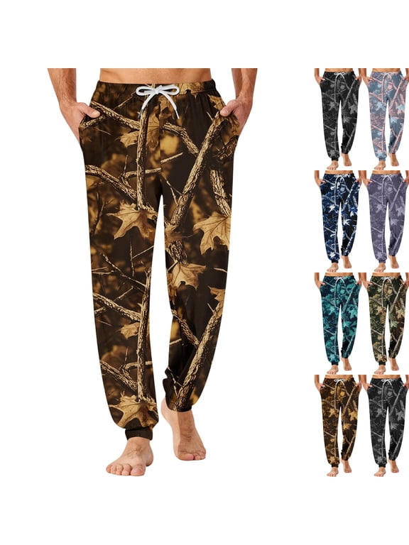 Outdoor Tree Camo Pattern Sleep Pants for Men Stretch Drawstring Waist Pajama Pants Jogger Cuff Comfy Daily Indoor Lounge Pants ,XXL,Khaki