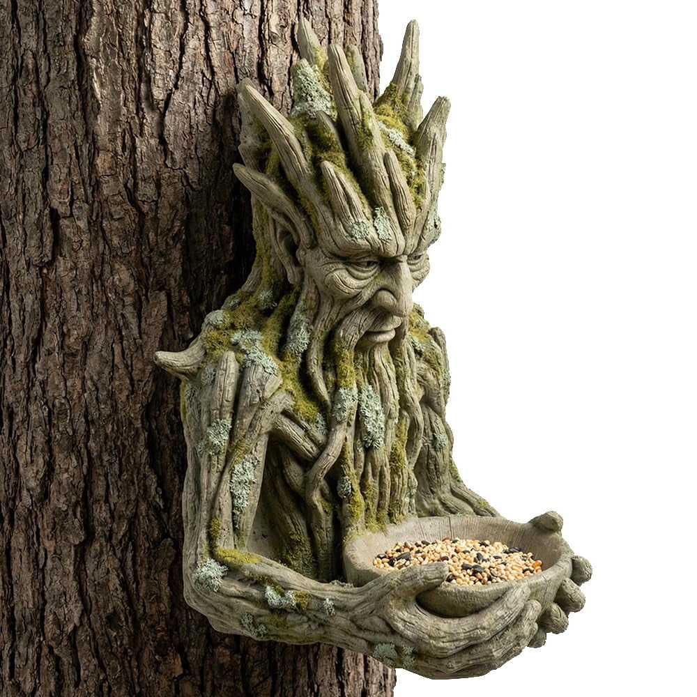 Outdoor Tree Face Bird Feeder Sculpture, Waterproof Tree-Mounted Resin Bird Feeder, Forest Guardian Style Garden Yard Art Decor for Backyard Wildlife