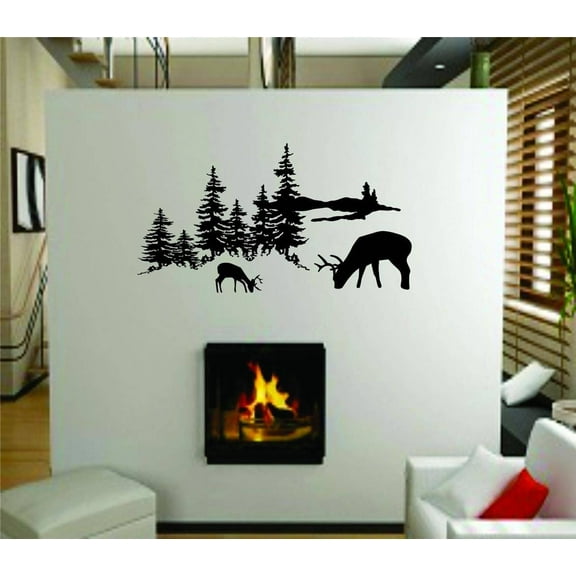Outdoor Tree Scene Picture Art With Deer Buck Graphic Designs - Living Room - Peel & Stick Sticker - Vinyl Wall Decal - 8x16"