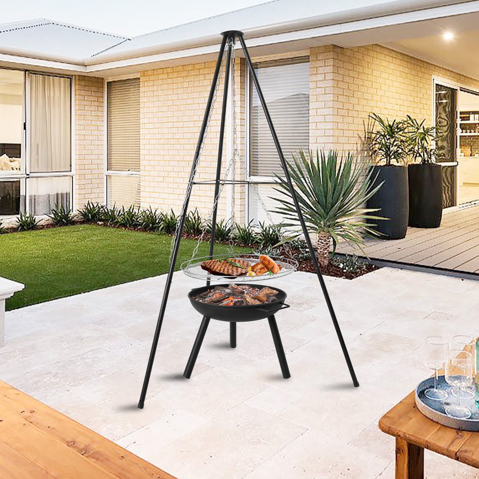 Fire pit tripod with adjustable hanging grill hotsell