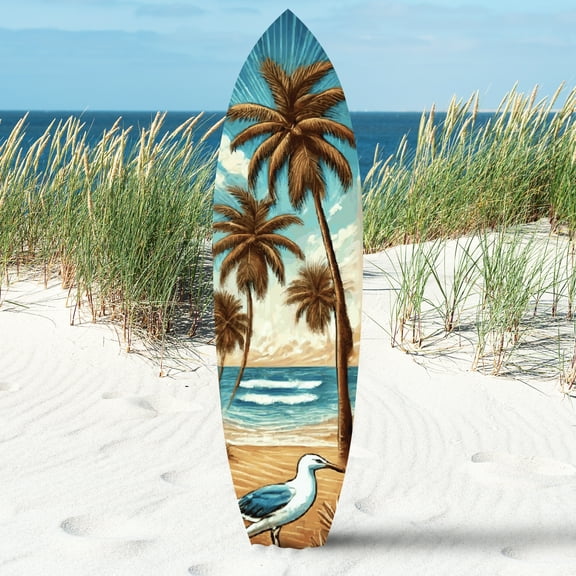 Outdoor Tropical Surfboard Wall Art, Palm Trees and Bird, Weather Resistant PVC, 5 Foot