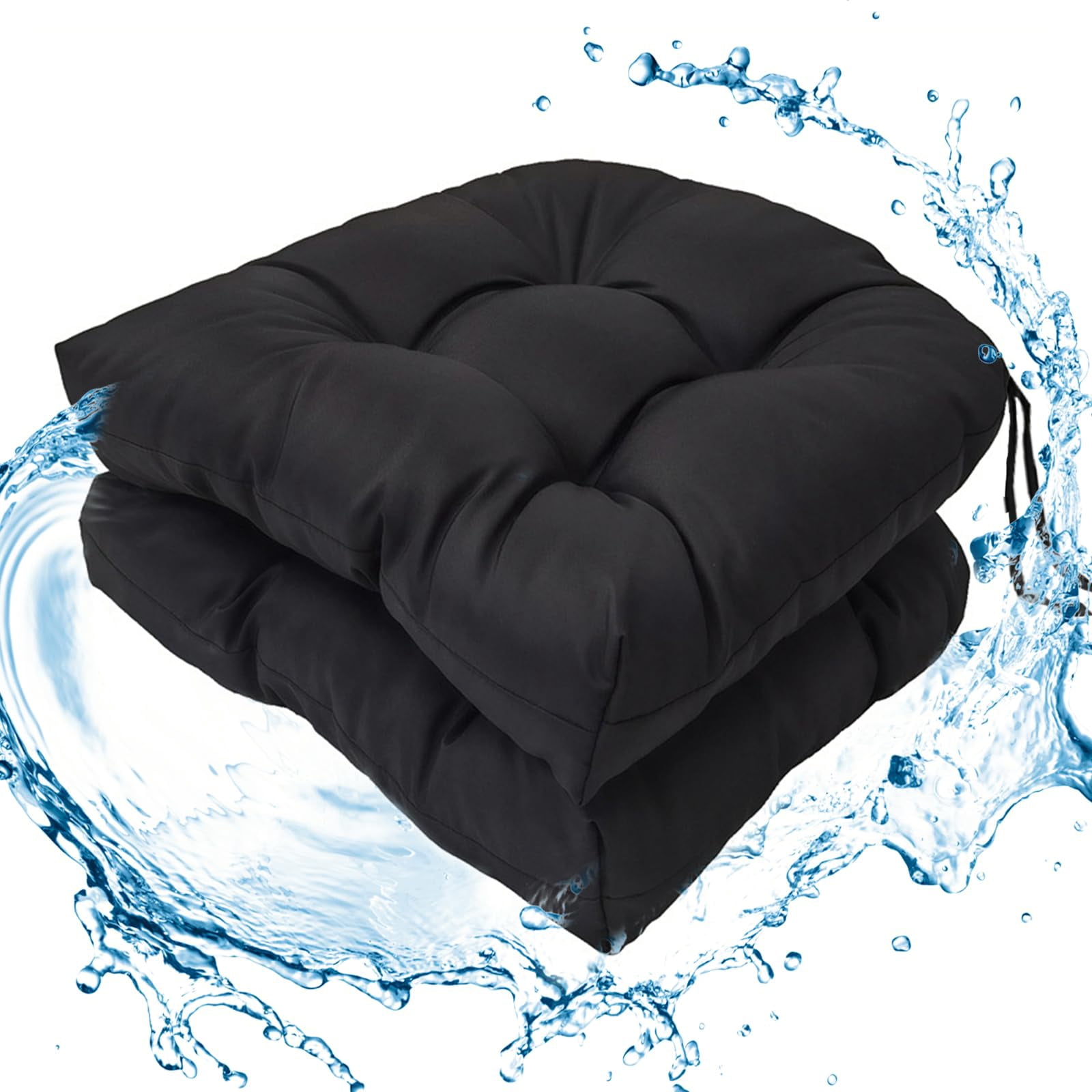 Outdoor Tufted Seat Cushions  2 Pack Patio Wicker Chair Cushion With Ties Waterproof Pads Round Corner 19"x19"x3.9" Black