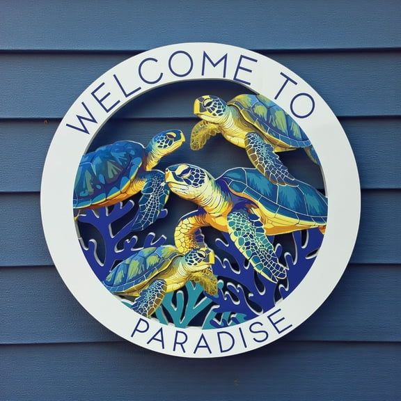 Outdoor Turtle Wall Art - Welcome To Paradise Sign, Beach House Decor, Weather-Resistant PVC Indoor Outdoor
