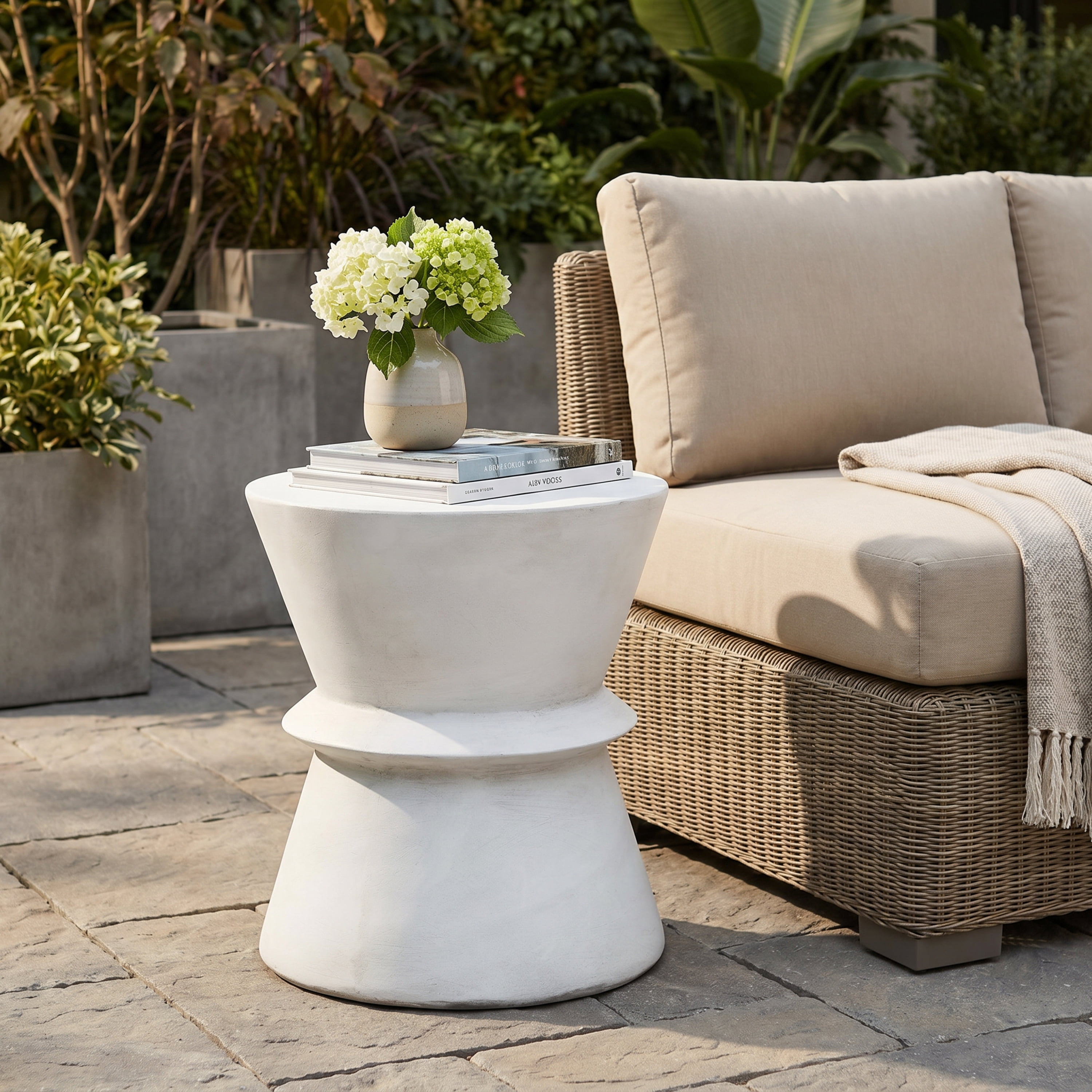 Outdoor Twisted Hourglass Side Table, Lightweight Concrete Craft for Patio Garden, White