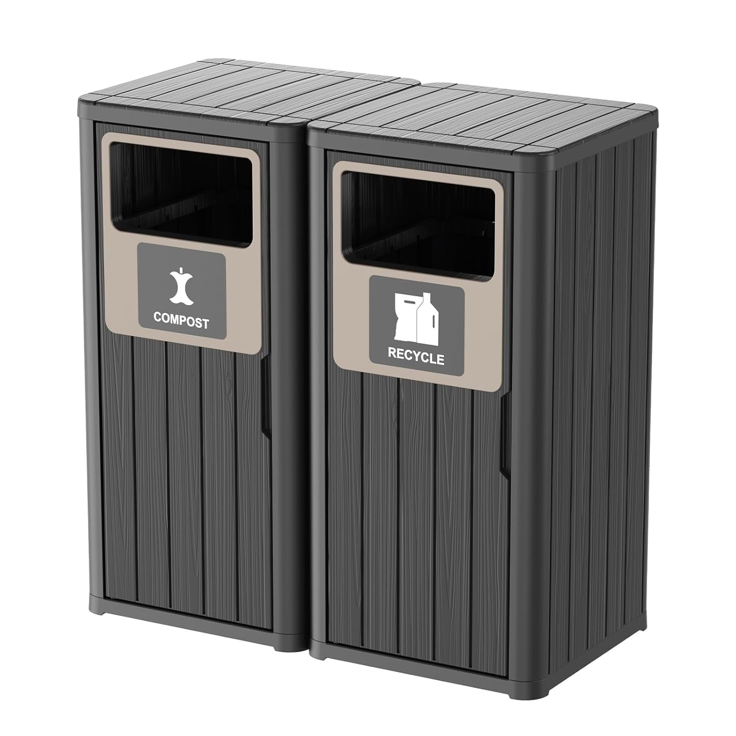Outdoor Two Barrel Trash Can – Waterproof Resin Garbage Bin with Recycling Labels – Fits 30-39 Gallon Trash Bags, Durable Waste Bin for Porch, Backyard & Kitchen(33.07 * 16.54 * 35.43)