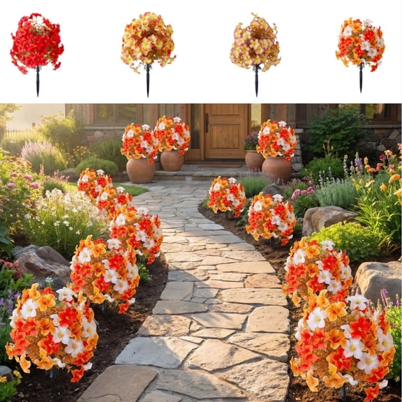 Outdoor UV Resistant Artificial Topiary Flower Balls with Ground Spikes, Faux Petunia Bush Ornaments, Green Landscape Decor for Garden Porch, Patio, Indoor Planter and Summer Yard Layout