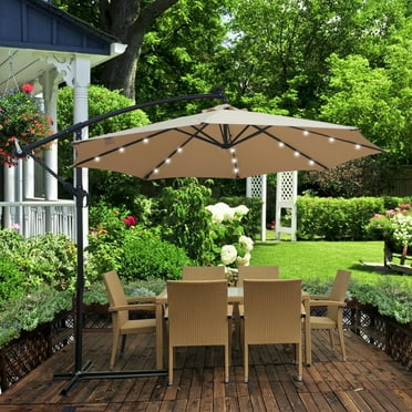 Outdoor Umbrella, DFITO 10 Ft Patio Backyard Umbrella with Solar Lights, Heavy-Duty Outdoor Patio Umbrella with Cross Stand, Weather-Resistant Umbrella for Patio Outside Backyard, Taupe, Tan, DJ287