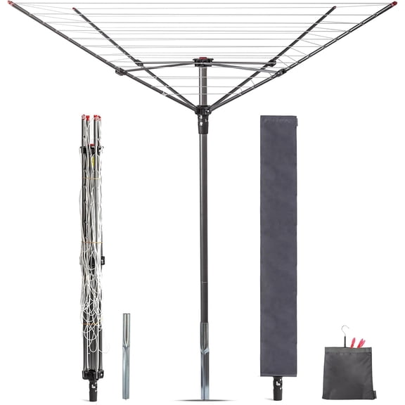 Outdoor Umbrella Drying Rack, 12 Lines with 164 Feet Drying Space, Steel Frame & Adjustable Height, 4-arm Umbrella Clothesline for Laundry, Collapsible Clothes Drying Rack for Backyard