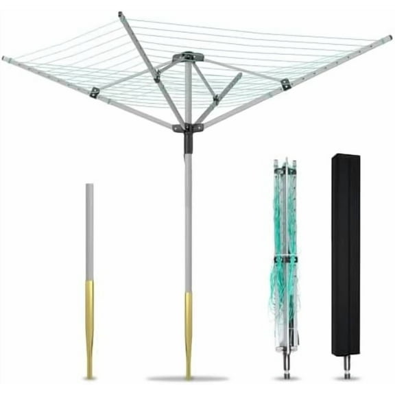 Outdoor Umbrella Drying Rack 165 Feet Umbrella Clothesline with 12 Lines Rotary Drying Rack Adjustable Height 4-Arm Foldable Clothes Drying Rack with Protective Cover for Backyard- Green