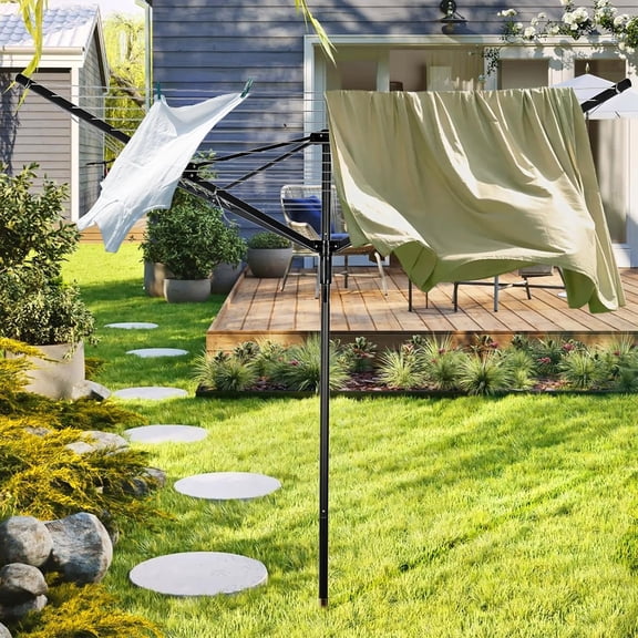 Outdoor Umbrella Drying Rack, 4-Aluminum Arms Folding Rotary Dryer with 12 Lines 165 ft Drying Space Adjustable Height Clothesline w/Waterproof Cover & Ground Spike for Garden Backyard(Black)