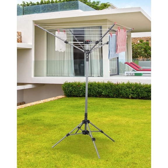 Outdoor Umbrella Drying Rack, 8 Lines with 82 Feet Drying Space, Steel Frame & Adjustable Height, 4-arm Umbrella Clothesline for Laundry, Collapsible Clothes Drying Rack for Backyard
