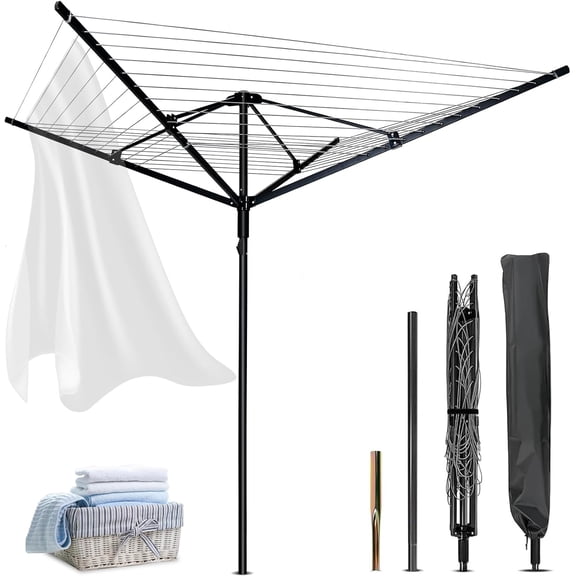 Outdoor Umbrella Drying Rack,Rotary Retractable Clothes Line,Outdoors Adjustable Height Drying Rack Clothing 12 Lines 4 Arms with 165 Feet Drying Space,Collapsible Clothes Drying Rack for Backyard