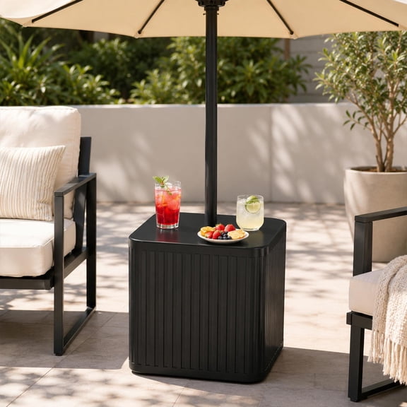 Outdoor Umbrella Side Table, 2-in-1 Outdoor Side Table with Umbrella Hole, 15.9 Gallon Fillable Umbrella Stand Base, Fit Up to 1.5" Pole, Square Patio Side Table for Poolside, Deck, Matte Black