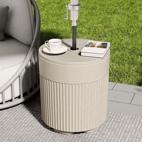 Outdoor Umbrella Side Table with Hole, Ribbed Patio Accent Table, Compatible with Water-Filled Bladder Base, Beige