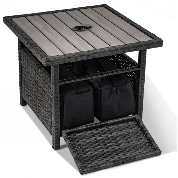 Outdoor Umbrella Stand with 2 Weight Bags, Patio 22 in Wicker Side Table with Umbrella Hole, All Weather Small Rattan Umbrella Base for Deck Yard Poolside Porch, Charcoal Gray