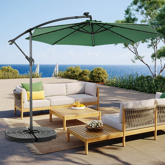 Outdoor Umbrellas 10ft Solar LED Offset Hanging Market Patio Umbrella ( Dark green ),Patio Shades