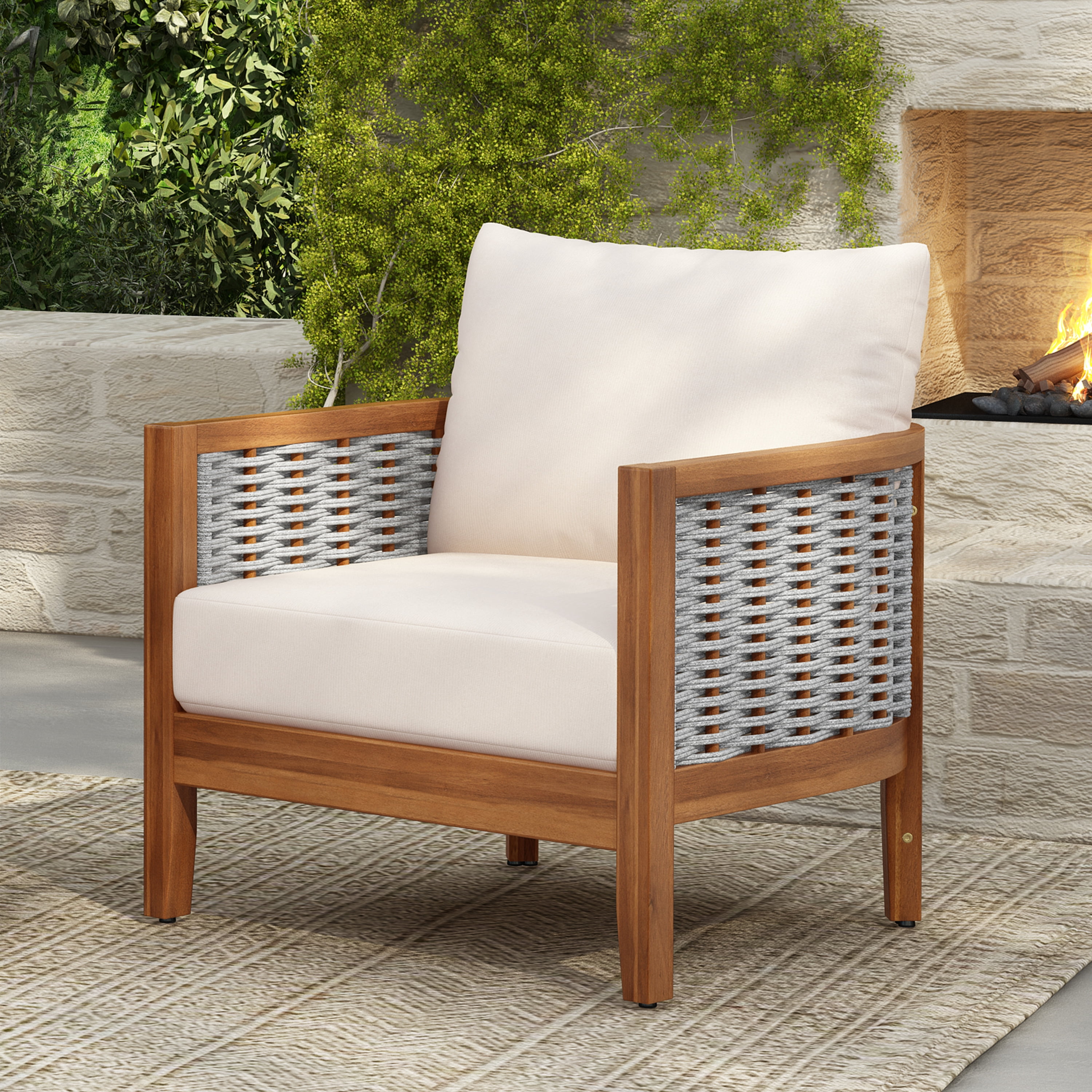Outdoor Unique Tub Design Armchair with Woven Rope Patio Furniture Acacia Wood Chair for Porch, Teak and Beige