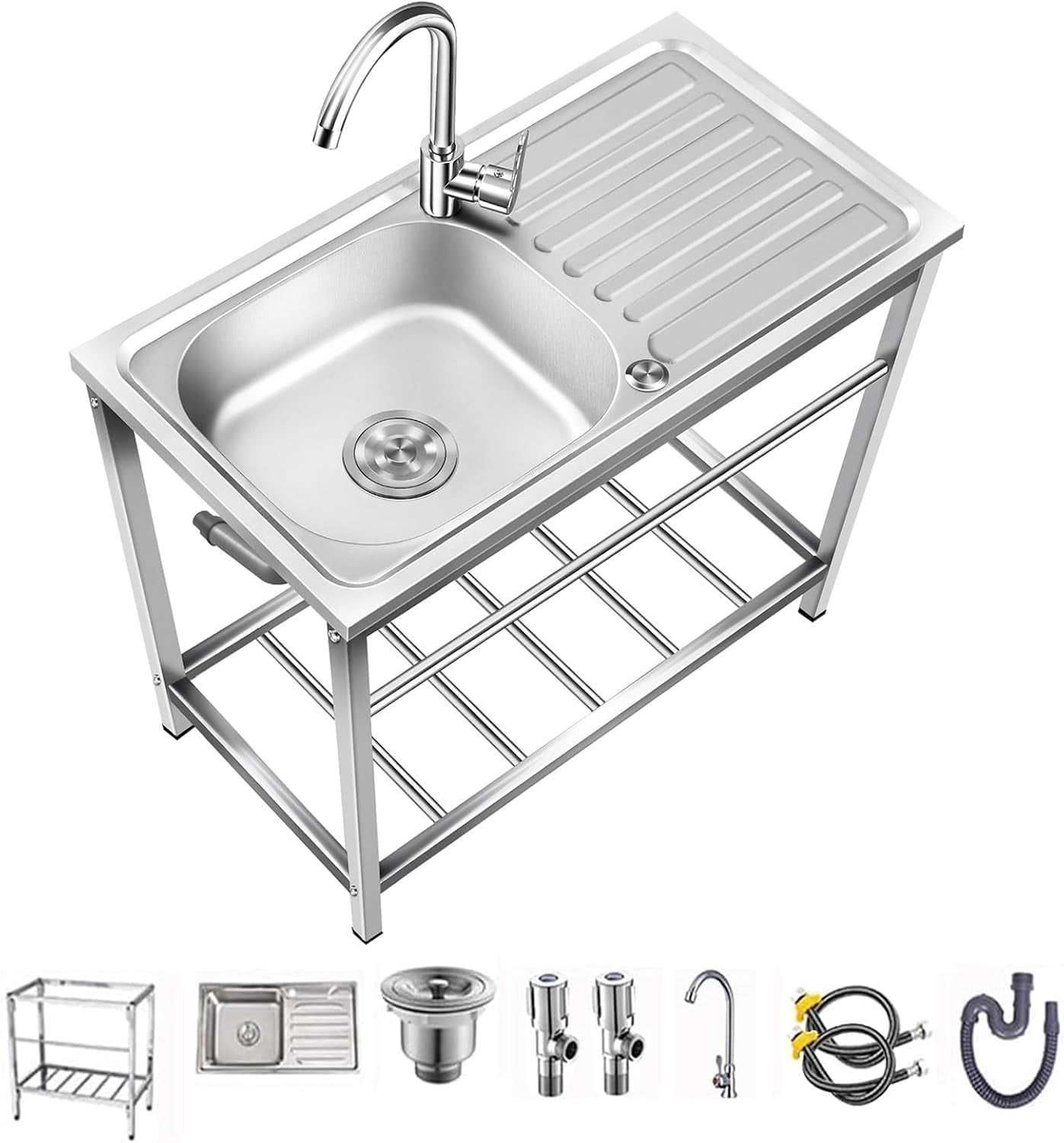 Outdoor Utility Sink,Free Standing Stainless Steel Laundry Tub, Single Bowl Portable Washing Hand Basin Station,fish Cleaning Table\u0026Storage Shelves for Garage, Restaurant, Kitchen,Camping, Backyard