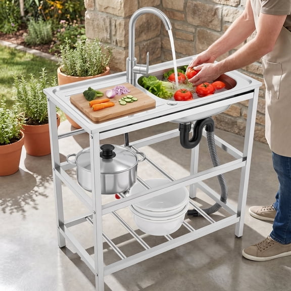 Outdoor Utility Sink, Heavy-Duty Stainless Steel Single Bowl Freestanding Sink with 360 Rotating Faucet and Drain Hose, for Garden Kitchen Garage Restaurant
