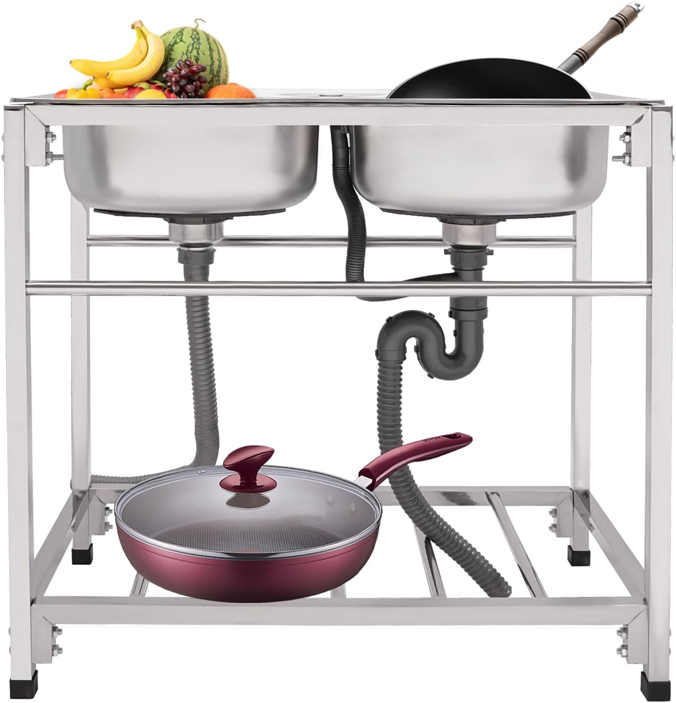 Outdoor Utility Sink Stainless Steel Double Bowl Sink Free Standing