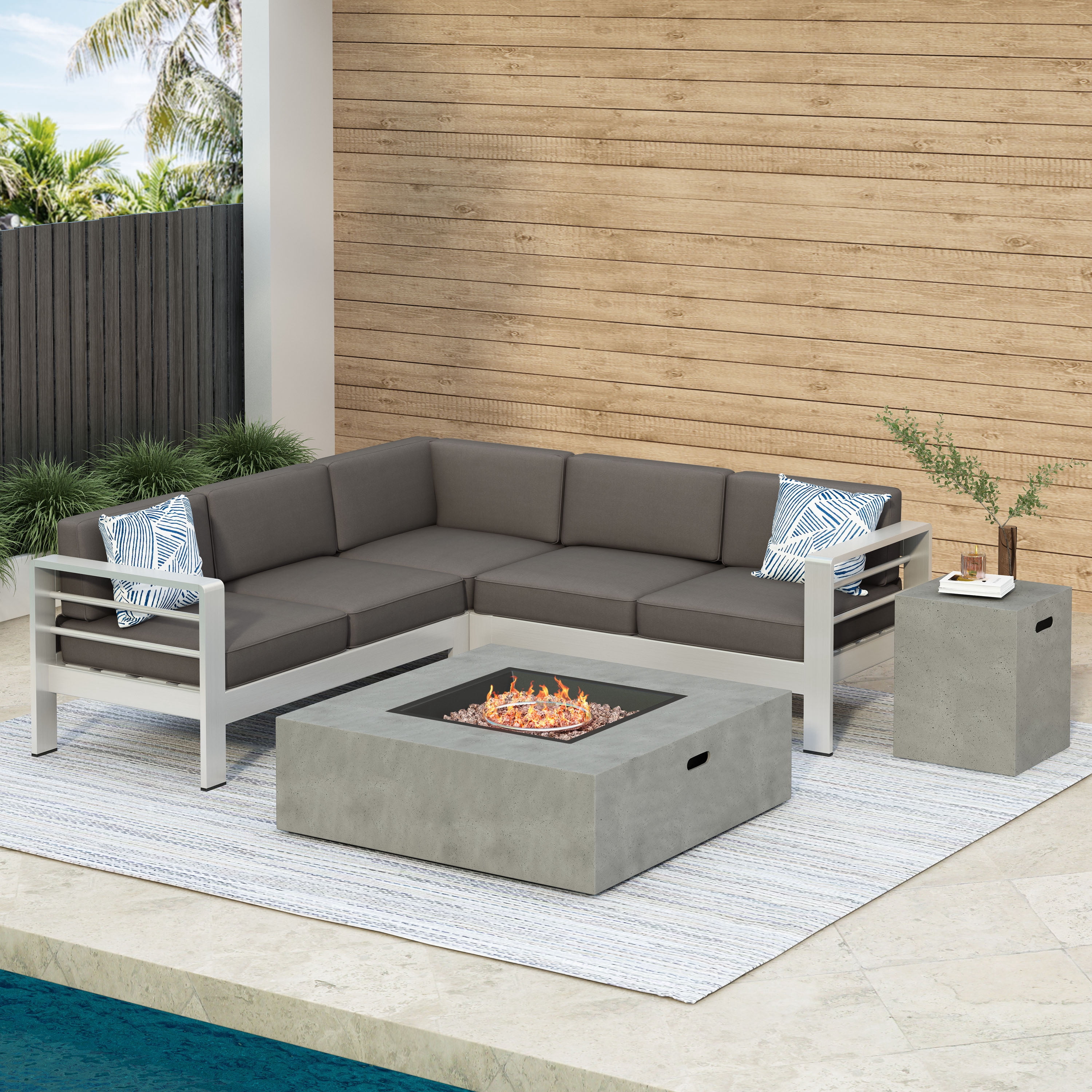 Outdoor V Shaped Sofa Set with Fire Table, Khaki, Light Gray