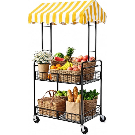 Outdoor Vendor Cart, 2 Tier Folding Market Stall Display Stand Heavy Duty Iron Vendor Cart with Canopy and Wheels for Farmers Markets, Craft Fairs, Street Vending and Outdoor Events
