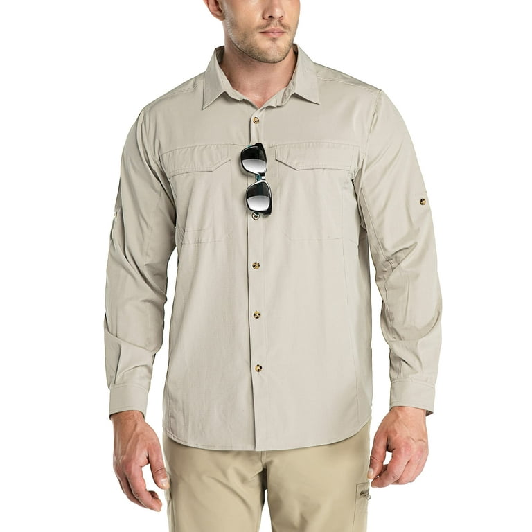 Outdoor Ventures Men's UPF 50+ UV Sun Protection SPF Hiking Shirt Long Sleeve Lightweight Quick Dry for Safari Travel Fishing Khaki, Size: 2XL, Beige