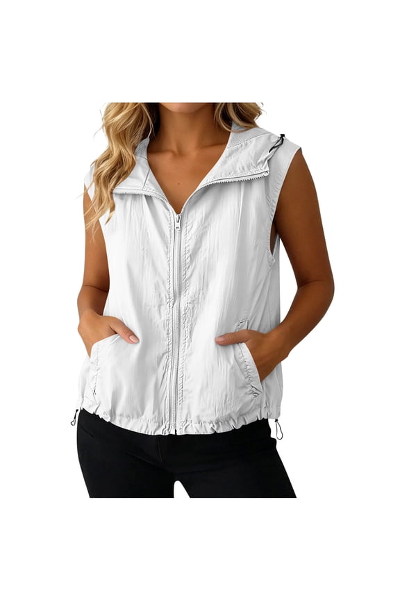 Outdoor Vest Top for Women,Women's Lightweight Mesh Breathable Sleeveless Vest Sun Protection Hooded Zip Up Windbreaker Gilet Casual Summer Outdoor Sun Protection Top