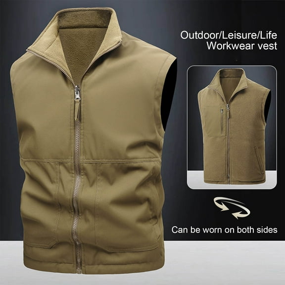Outdoor Vests Jacket for Men, Sleeveless Windbreaker Fleece Jackets for Golf, Travel, Fishing, Hiking Reversible Wear Gilet Outwear Khaki M
