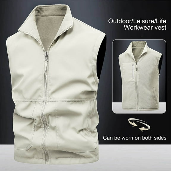 Outdoor Vests Jacket for Men, Sleeveless Windbreaker Fleece Jackets for Golf, Travel, Fishing, Hiking Reversible Wear Gilet Outwear White L