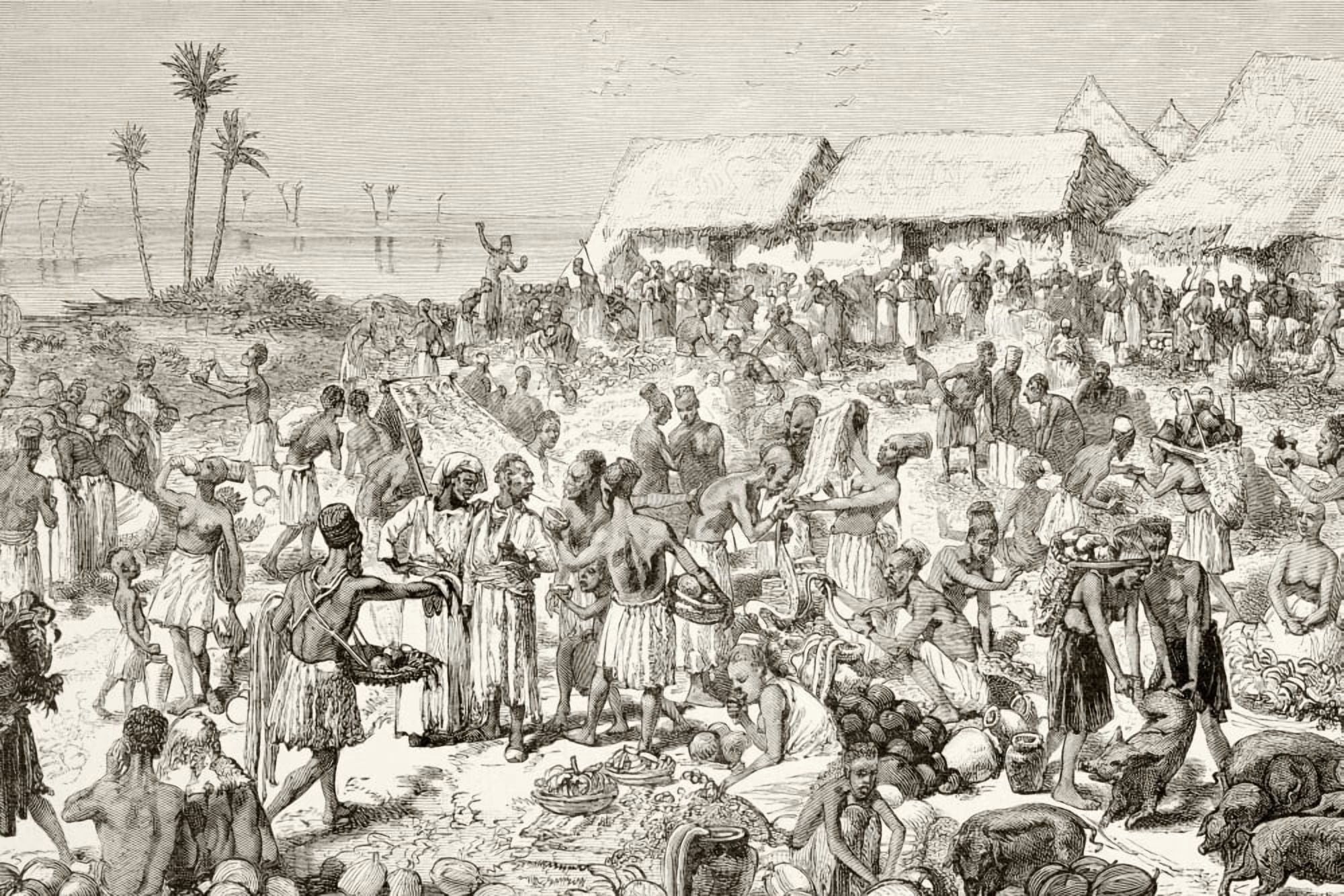 An Outdoor Village Market In Tanganyika Present Day Tanzania In The Early 19Th Century From A 19Th Century Illustration Canvas Art - Ken Welsh Design Pics (17 x 11)