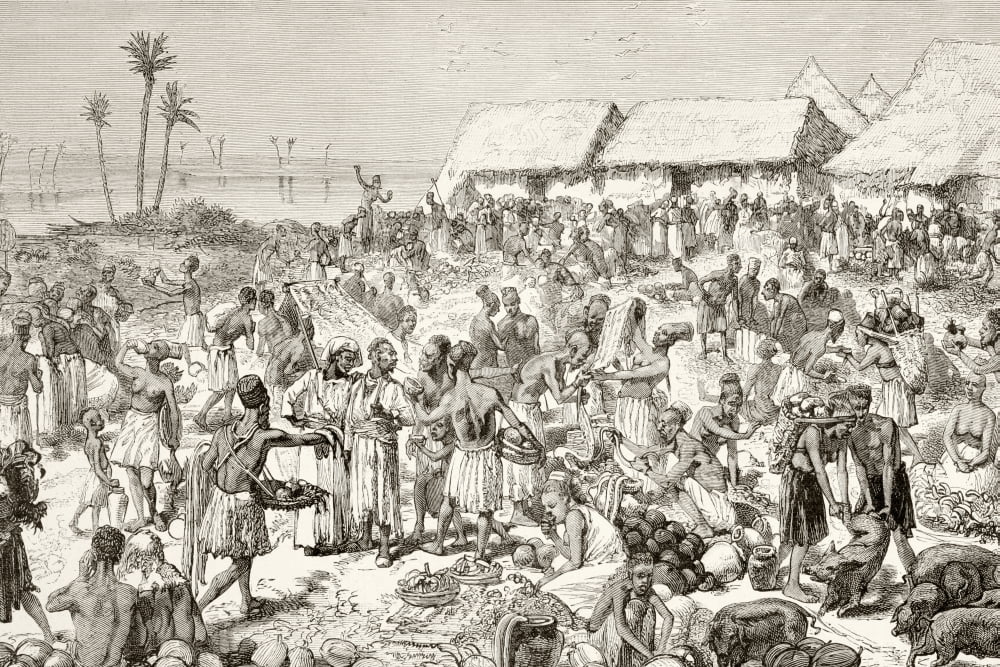 An Outdoor Village Market In Tanganyika Present Day Tanzania In The Early 19Th Century From A 19Th Century Illustration Canvas Art - Ken Welsh Design Pics (34 x 22)