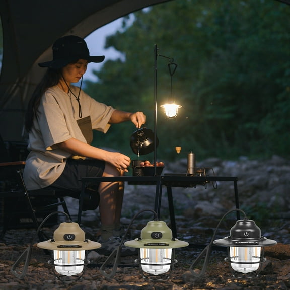 Outdoor Vintage Pendant Light | Rechargeable LED Camping Lantern | Waterproof IPX4 ABS | 4 Modes: Warm, White, Breathing | Compact Portable Hanging Ambient Lighting | 4.09x3.7in | Black/Khaki/Green