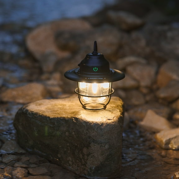 Outdoor Vintage Pendant Lighting | Rechargeable Camping Lantern, 4 Light Modes, Waterproof ABS, Hanging Handheld Light, Long-Life Battery, Portable Tent Lamp, Black/Khaki/Green, 4.1x3.7in