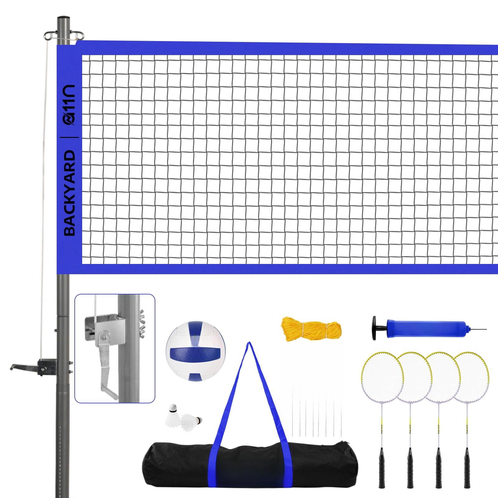 Outdoor Volleyball And Badminton Combo Set - Includes Adjustable Height Anti-sag Net  Air Pump 4 Rackets 2 Shuttlecocks Boundary Line Marker Carrying Bag