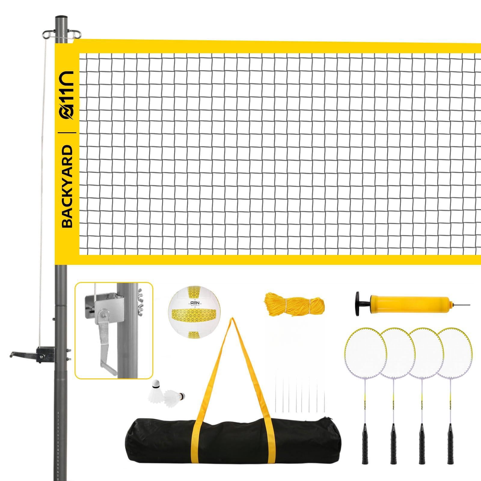 Outdoor Volleyball And Badminton Combo Set - Includes Adjustable Height Anti-sag Net  Air Pump 4 Rackets 2 Shuttlecocks Boundary Line Marker Carrying Bag