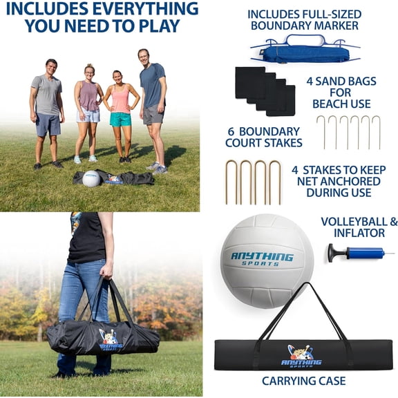 Outdoor Volleyball Net for Backyard. 12FT/20FT/32FT, 4 Adjustable Height Options, Ball with Pump, Boundary Markers, Carry Case and Stakes Included