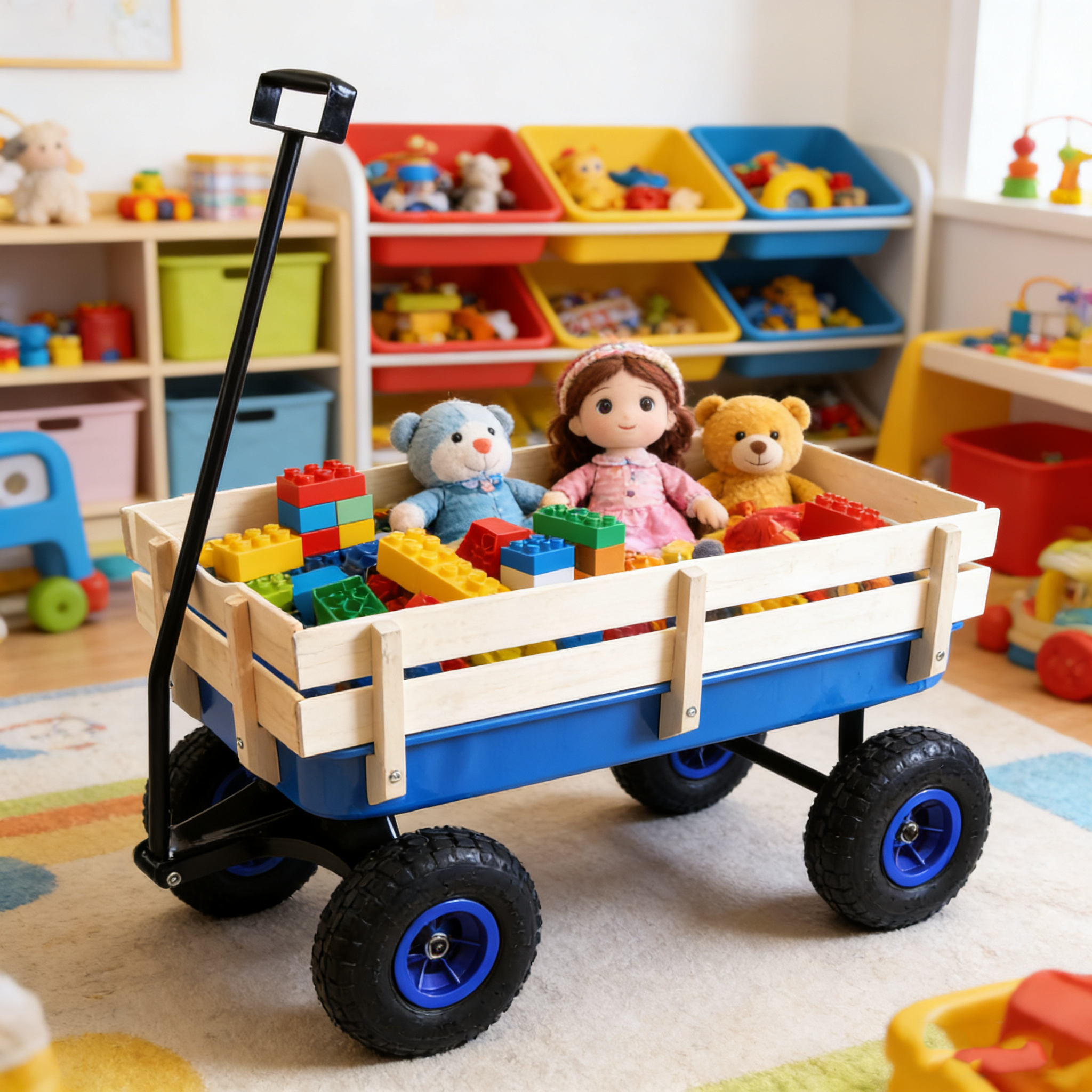 Outdoor Wagon All Terrain Pulling Wood Railing Air Tires Garden Cart