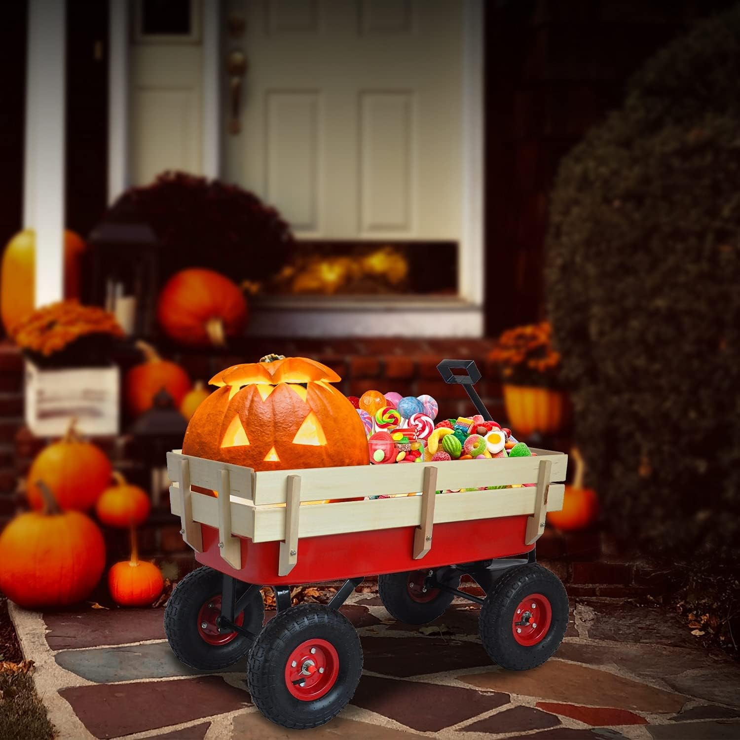 Outdoor Wagon All Terrain Pulling w/Wood Railing Air Tires Garden - Red