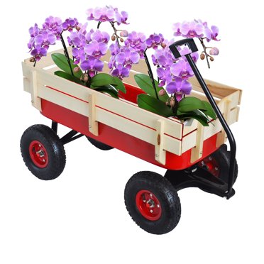 All-Terrain Outdoor Wagon with Wood Railing for Kids - Red