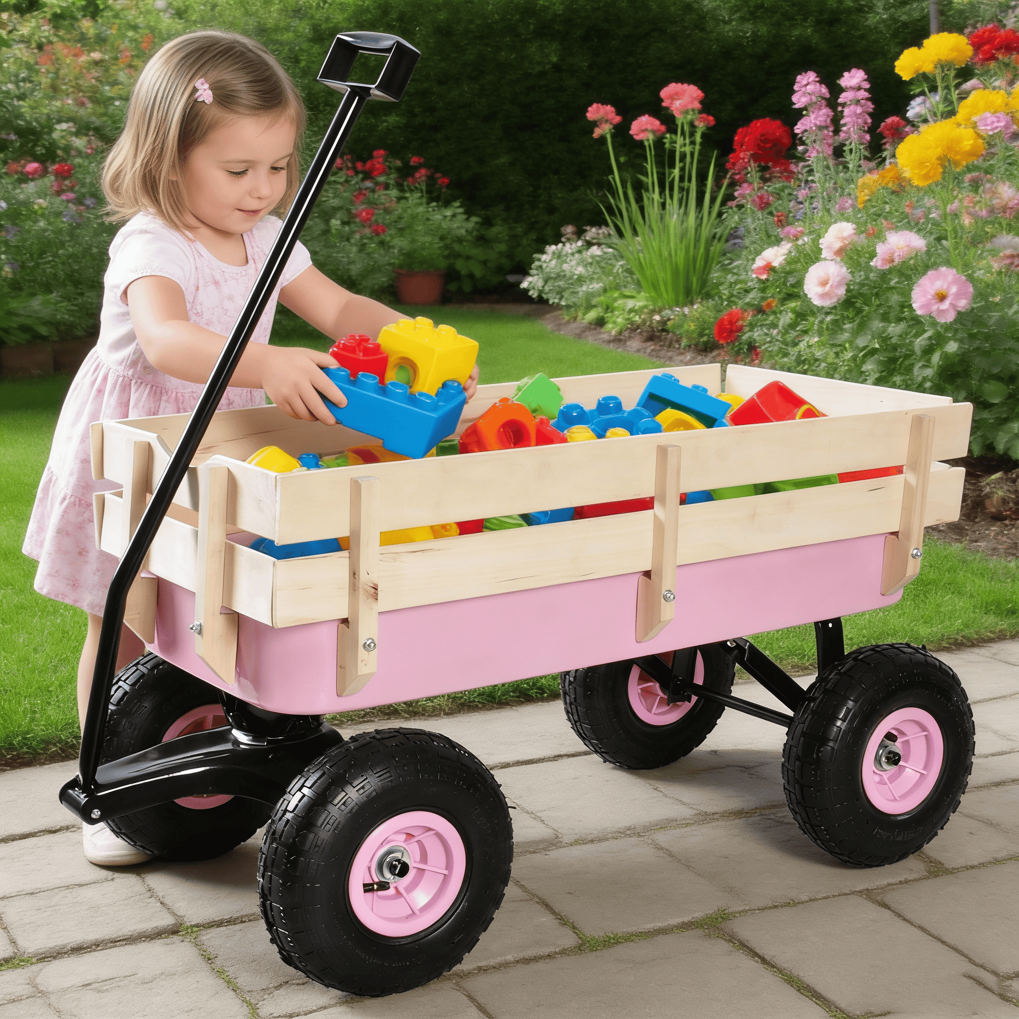 Outdoor Wagon All Terrain Garden Cart Wood Railing 10 Inch Pneumatic Air Tires 176 LBS Load Capacity Iron Frame Foldable Handle For Yard Garden Lawn Hauling