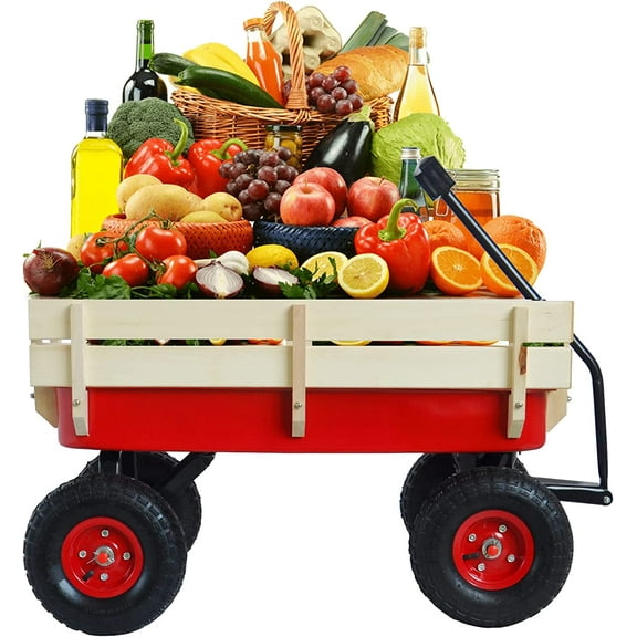 Outdoor Wagons for Kids, All Terrain Utility Wagon with Wheels, Beach Wagon for Camping Shopping, Red