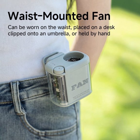 Outdoor Waist-Mounted Personal Fan | 360 Rotatable Umbrella Clip, 100 Speed Levels, LED Digital Display, Emergency Light, 1800mAh Rechargeable Battery | Ideal for Hiking, Camping, Fishing, Work
