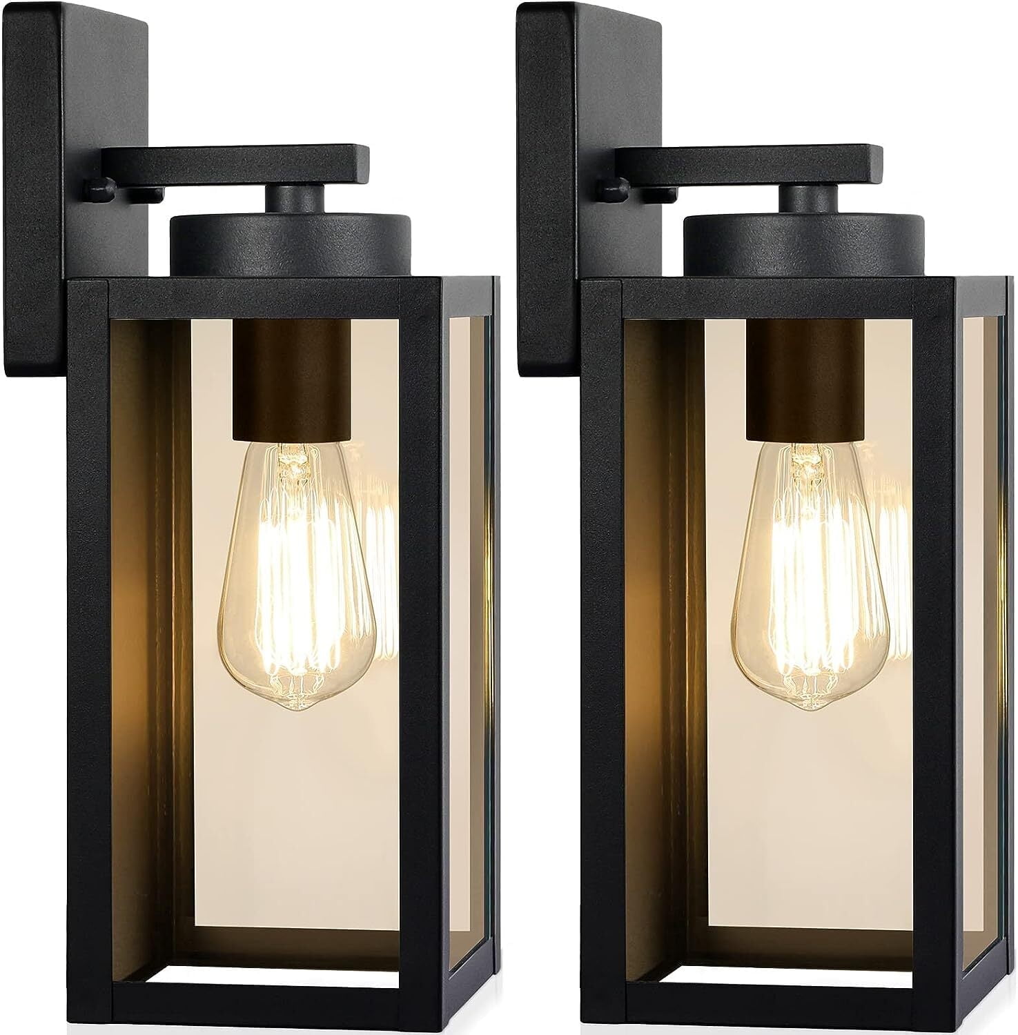 Outdoor Wall Light Fixtures – Niyattn 2 Pack Waterproof Metal Lanterns for Porch & Entryway – Matte Black Wall Mounted Sconces with E26 Sockets Glass Shades