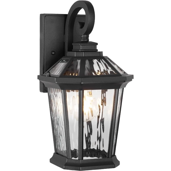 Outdoor Wall Light Lantern, 14" Modern Exterior Wall Sconce with Hammered Water Ripple Glass, Anti-Rust Matte Black Outside Lighting Fixture for Front Door, Porch, Garage, Patio