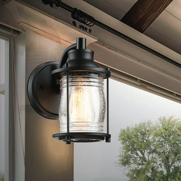 Outdoor Wall Light Wall Mount Porch Light Fixture for House Matte Black Wall Sconce with Seeded